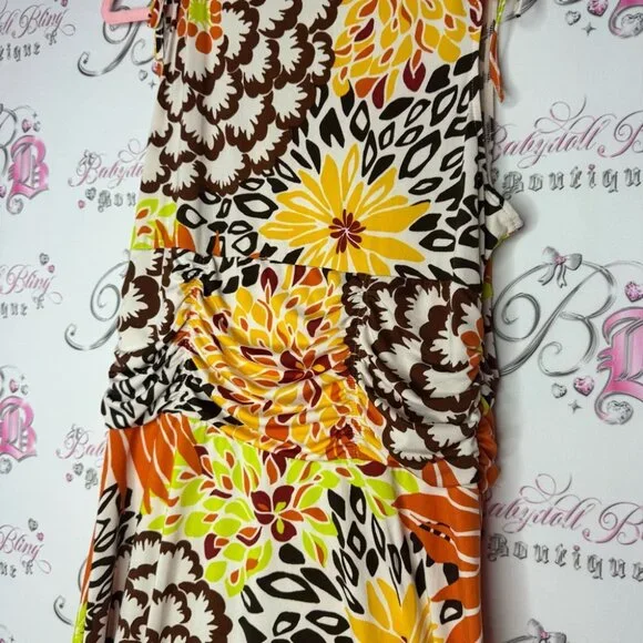 Floral dress cinching ribbon π tie shoulder stretchy slinky flowers hippie - Picture 8 of 12